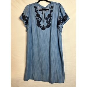 J. Jill Denim Embroidered Tencel Shift Dress Blue Flutter Short Sleeve Large